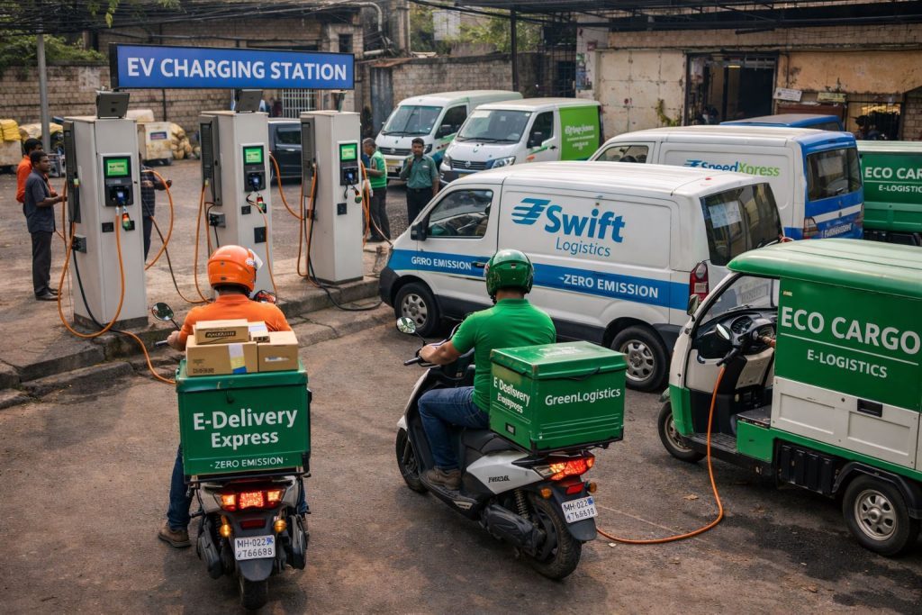 Electric delivery scooters at a charging station
